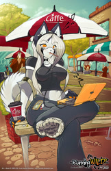 Size: 664x1024 | Tagged: safe, artist:jesonite, oc, oc only, oc:annie, canine, dog, husky, mammal, anthro, plantigrade anthro, amber eyes, bottomwear, breasts, clothes, coffee, computer, drink, female, headphones, holding, laptop, mouth hold, musical note, pants, scenery, shirt, solo, solo female, topwear
