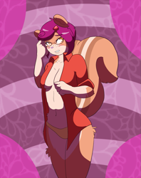 Size: 1013x1280 | Tagged: safe, artist:munks, oc, oc only, mammal, rodent, squirrel, anthro, amber eyes, blushing, breasts, clothes, female, glasses, looking at you, panties, shirt, solo, solo female, topwear, underwear