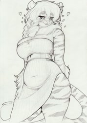 Size: 1231x1732 | Tagged: safe, artist:longinius, oc, oc only, oc:buxbi, big cat, feline, mammal, tiger, anthro, belly, big breasts, breasts, clothes, dress, female, side slit, slightly chubby, solo, solo female, tail, thick thighs, thighs