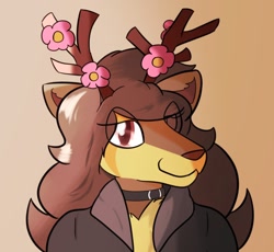 Size: 922x850 | Tagged: safe, alternate version, artist:almaustral, fictional species, sawsbuck, anthro, nintendo, pokémon, antlers, bust, choker, clothes, colored, flower, male, signature, smiling, solo, solo male