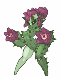 Size: 467x594 | Tagged: suggestive, artist:muhut, animate plant, fictional species, anthro, animated, breasts, cactus, featureless crotch, female, flower, gif, simple background, solo, solo female, thorns, white background