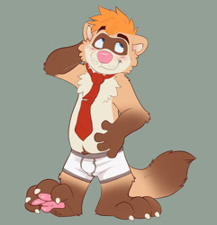 Size: 990x1028 | Tagged: safe, artist:arkturitus, oc, oc only, oc:caswyn, ferret, mammal, mustelid, anthro, plantigrade anthro, 2020, big paws, blue eyes, blushing, brown body, brown fur, bulge, chest fluff, claws, clothes, cream body, cream fur, digital art, embarrassed, eyebrows, fluff, fur, gloves (arm marking), hair, looking sideways, looking up, male, necktie, orange hair, partial nudity, paw pads, paws, pink nose, pubic fluff, simple background, smiling, socks (leg marking), solo, solo male, tan body, tan fur, topless, underwear, whiskers