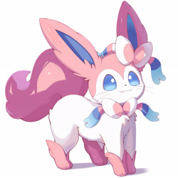 Size: 3072x3072 | Tagged: safe, artist:nevedoodle, eeveelution, fictional species, mammal, sylveon, feral, nintendo, pokémon, 2020, ambiguous gender, bow, fluff, fur, hair bow, high res, paws, pink body, pink fur, pink tail, shadow, side view, simple background, smiling, solo, solo ambiguous, standing, tail, tail fluff, white background, white body, white fur