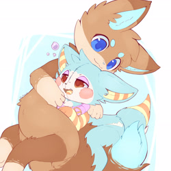Size: 3072x3072 | Tagged: character needed, safe, artist:nevedoodle, feral, ambiguous gender, blue eyes, brown eyes, collar, colored pupils, duo, duo ambiguous, fluff, fur, high res, hug, looking at something, open mouth, plushie, signature, tail, tail fluff, tan body, tan fur