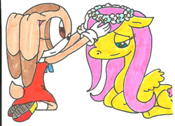 Size: 752x544 | Tagged: safe, artist:cmara, cream the rabbit (sonic), fluttershy (mlp), equine, fictional species, lagomorph, mammal, pegasus, pony, rabbit, anthro, feral, plantigrade anthro, friendship is magic, hasbro, my little pony, sega, sonic the hedgehog (series), 2011, crossover, duo, duo female, female, flower, flower crown, flower on head, lying down, mare, prone, traditional art