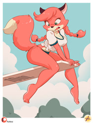 Size: 600x800 | Tagged: safe, artist:furboz, oc, oc:patty (fox-popvli), canine, fox, mammal, anthro, plantigrade anthro, cc by-nc-nd, creative commons, barefoot, border, braid, breasts, cleavage, clothes, cream body, cream fur, crop top, female, fur, green eyes, hair, multicolored fur, open mouth, outdoors, panties, patreon logo, pink body, pink fur, plank, shirt, sitting, solo, solo female, tail, topwear, two toned body, two toned fur, underwear, vixen, white border
