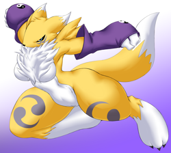 Size: 3856x3460 | Tagged: safe, artist:kreativekailyn, fictional species, renamon, anthro, digimon, 2020, black sclera, blue eyes, breasts, chest fluff, claws, colored sclera, digital art, female, fluff, fur, gradient background, high res, multicolored body, multicolored fur, solo, solo female, two toned body, two toned fur, white body, white fur, yellow body, yellow fur