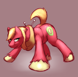 Size: 1547x1530 | Tagged: safe, artist:braeburned, big macintosh (mlp), earth pony, equine, fictional species, mammal, pony, feral, friendship is magic, hasbro, my little pony, 2012, 2013, butt, cutie mark, digital art, fur, gradient background, green eyes, hair, hooves, horse collar, male, mane, orange hair, raised tail, red body, red fur, signature, solo, solo male, spread legs, stallion, standing, tail, unshorn fetlocks, yellow hair
