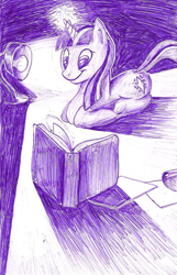 Size: 515x800 | Tagged: safe, artist:braeburned, twilight sparkle (mlp), equine, fictional species, mammal, pony, unicorn, feral, friendship is magic, hasbro, my little pony, 2011, book, female, hair, hooves, horn, lamp, loafing, looking at something, lying down, magic, magic aura, mane, monochrome, prone, reading, smiling, solo, solo female, tail, telekinesis, traditional art