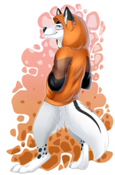 Size: 844x1280 | Tagged: safe, artist:foxysoul, oc, oc only, canine, fox, mammal, anthro, digitigrade anthro, abstract background, blue eyes, bottomless, butt fluff, claws, clothes, ear holes, fluff, fur, gray body, gray fur, hoodie, looking at you, male, nudity, partial nudity, paws, pinup, signature, solo, solo male, spots, tail, tail fluff, topwear, white body, white fur