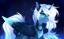 Size: 800x493 | Tagged: safe, artist:buvanybu, princess luna (mlp), alicorn, equine, fictional species, mammal, pony, feral, friendship is magic, hasbro, my little pony, 2020, crown, feathered wings, feathers, female, folded wings, hair, halo, horn, jewelry, looking at you, mane, mare, regalia, solo, solo female, tail, teal eyes, white hair, white mane, white tail, wings
