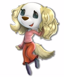 Size: 2400x2900 | Tagged: safe, alternate version, artist:diacordst, inui (aggretsuko), borzoi, canine, dog, mammal, anthro, aggretsuko, sanrio, spoiler, spoiler:aggretsuko s3, black nose, black sclera, blushing, chibi, clothes, colored sclera, ears, female, high res, looking at you, open mouth, open smile, shoes, simple background, smiling, smiling at you, solo, solo female, tail, tongue, white background