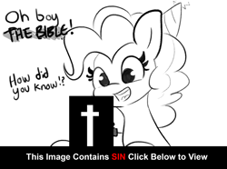 Size: 1280x950 | Tagged: suggestive, alternate version, artist:tjpones, pinkie pie (mlp), earth pony, equine, fictional species, mammal, pony, feral, friendship is magic, hasbro, my little pony, bible, birthday hat, censored, eyes on the prize, female, mare, monochrome, novelty censor, open mouth, open smile, simple background, smiling, solo, solo female, white background