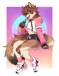 Size: 998x1280 | Tagged: safe, artist:fumiko, oc, oc only, oc:foulsbane, anthro, plantigrade anthro, bottomwear, brown body, brown fur, brown hair, butt fluff, candy, clothes, ears, fangs, femboy, fluff, food, fur, green eyes, hair, hoodie, licking, lollipop, looking at you, male, neck fluff, pinup, sharp teeth, shoes, shorts, sneakers, socks, solo, solo male, synthwave sun, tail, tail fluff, teeth, tongue, tongue out, topwear, twink, vaporwave