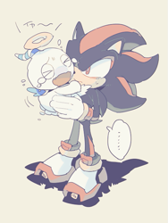 Size: 493x655 | Tagged: safe, artist:aoki, artist:fumomo, shadow the hedgehog (sonic), chao, fictional species, hedgehog, hero chao, mammal, anthro, plantigrade anthro, semi-anthro, sega, sonic the hedgehog (series), 2015, ambiguous gender, duo, male, quills
