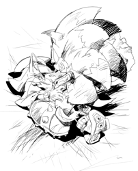 Size: 646x800 | Tagged: safe, artist:aoki, artist:fumomo, shadow the hedgehog (sonic), sonic the hedgehog (sonic), sonic the werehog (sonic), hedgehog, mammal, anthro, sega, sonic the hedgehog (series), sonic unleashed, 2015, black and white, duo, duo male, grayscale, male, males only, monochrome, quills, werebeast, werehog