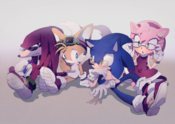 Size: 800x566 | Tagged: safe, artist:aoki, artist:fumomo, amy rose (sonic), knuckles the echidna (sonic), miles "tails" prower (sonic), sonic the hedgehog (sonic), canine, echidna, fox, hedgehog, mammal, monotreme, red fox, anthro, sega, sonic the hedgehog (series), 2015, blue body, blue fur, dipstick tail, female, fluff, fur, glasses, goggles, goggles on head, group, male, multicolored fur, multiple tails, orange tail, pink body, pink fur, quills, red body, red fur, red tail, sunglasses, tail, tail fluff, tan body, two tails, two toned body, two toned fur, white body, white fur, white tail