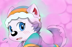 Size: 1280x848 | Tagged: safe, alternate version, artist:rex100, everest (paw patrol), canine, dog, husky, mammal, nordic sled dog, feral, nickelodeon, paw patrol, beanie, black nose, blue eyes, blushing, clothes, collar, digital art, ears, fart, female, fur, hat, looking at you, open mouth, perfume, purple body, purple fur, shy, simple background, snow, solo, solo female, sweater, tail, topwear