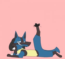 Size: 1280x1156 | Tagged: safe, artist:input-command, fictional species, lucario, semi-anthro, nintendo, pokémon, 2019, ambiguous gender, black body, blue body, digital art, eyebrows, grin, leg in air, looking at you, lying down, no pupils, on side, paw on face, paw pads, paws, pink body, red eyes, smiling, solo, solo ambiguous, spike, spread legs, teeth, twitching legs, underpaw, yellow body