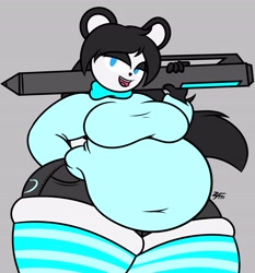 Size: 3810x4096 | Tagged: suggestive, artist:zeldafan777, oc, oc only, bear, mammal, panda, anthro, 2020, belly button, black body, black fur, black hair, digital art, fat, female, fur, gray body, hair, lidded eyes, looking at you, multicolored fur, obese, open mouth, smiling, solo, solo female, standing, stylus, white body, white fur, wide hips