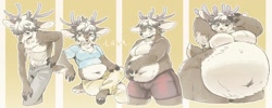 Size: 1500x600 | Tagged: suggestive, artist:zenimakitchen, oc, oc only, cervid, deer, mammal, anthro, unguligrade anthro, 2020, abs, belly button, belly overhang, big belly, bottomwear, brown body, brown eyes, brown fur, brown hair, clothes, digital art, fat, fat fetish, fur, hair, hooves, looking at you, male, moobs, multicolored fur, multicolored hair, muscles, nudity, obese, overweight, pants, sequence, shirt, slightly chubby, smiling, smiling at you, sweat, t-shirt, tan body, tan fur, tan hair, topwear, underwear, weight gain