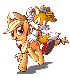 Size: 893x1000 | Tagged: safe, artist:tobibrocki, applejack (mlp), miles "tails" prower (sonic), canine, earth pony, equine, fictional species, fox, mammal, pony, red fox, anthro, feral, friendship is magic, hasbro, my little pony, sega, sonic the hedgehog (series), 2011, crossover, dipstick tail, duo, duo male and female, female, fluff, male, multiple tails, orange tail, tail, tail fluff, two tails, white tail