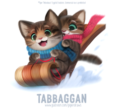 Size: 700x609 | Tagged: safe, artist:cryptid-creations, cat, feline, mammal, feral, ambiguous gender, ambiguous only, clothes, cute, duo, duo ambiguous, kitten, pun, scarf, simple background, sled, visual pun, white background, young