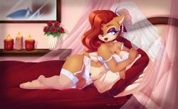 Size: 1250x771 | Tagged: suggestive, artist:melancholybat, artist:metalpandora, princess sally acorn (sonic), sonic the hedgehog (sonic), chipmunk, hedgehog, mammal, rodent, anthro, archie sonic the hedgehog, sega, sonic the hedgehog (series), 2019, bed, bra, breasts, candle, cleavage, clothes, crossed arms, cyan eyes, duo, female, female focus, fishnet, fishnet stockings, flower, garter straps, indoors, jewelry, legwear, lingerie, lipstick, looking at you, lying down, makeup, male, male/female, mirror, necklace, offscreen character, on back, on side, one eye closed, panties, pillow, quills, rose, see-through, smiling, smiling at you, solo focus, sonally (sonic), stockings, underwear, vase, wedding ring, wedding veil, winking