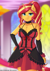Size: 1114x1600 | Tagged: safe, artist:twistedscarlett60, sunset shimmer (mlp), equine, fictional species, mammal, pony, unicorn, anthro, friendship is magic, hasbro, my little pony, anthrofied, blurred background, breasts, canterlot castle, clothes, digital art, dress, ears, eyelashes, female, fluff, fur, green eyes, hair, hand on hip, headband, horn, looking at you, multicolored hair, multicolored tail, orange body, orange fur, shoulder fluff, solo, solo female, standing, tail