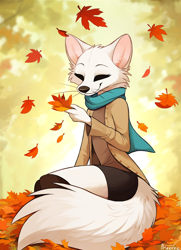 Size: 1092x1508 | Tagged: safe, artist:aseethe, oc, oc only, canine, fox, mammal, anthro, 2020, autumn, boots, bottomwear, clearing, clothes, coat, commission, digital art, eyes closed, female, flat chest, fluff, fur, holding, leaf, scarf, shirt, shoes, shorts, sitting, smiling, solo, solo female, tail, tail fluff, topwear, vixen, white body, white fur