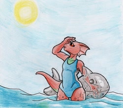 Size: 981x854 | Tagged: safe, artist:kuroneko, quill-weave (the elder scrolls), argonian, fictional species, reptile, anthro, prequel (webcomic), the elder scrolls, clothes, colored pencil drawing, female, inflatable toy, ocean, solo, solo female, swimsuit, traditional art, water