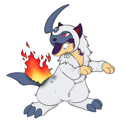Size: 620x617 | Tagged: safe, artist:keihound, oc, oc only, oc:blitz (gyro), absol, fictional species, mammal, mustelid, quilava, feral, nintendo, pokémon, blue eyes, brown body, brown fur, burning, cheek fluff, clothes, costume, fire, fluff, fur, male, mottled fur, nudity, paws, purple body, purple fur, simple background, solo, solo male, starter pokémon, tan body, tan fur, tongue, tongue out, white background
