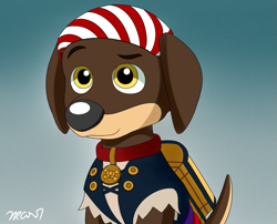 Size: 1235x1000 | Tagged: safe, artist:rex100, arrby (paw patrol), canine, dachshund, dog, mammal, feral, nickelodeon, paw patrol, bandanna, black nose, brown body, brown fur, clothes, digital art, ears, eyebrows, fur, looking at you, male, multicolored fur, simple background, sitting, solo, solo male, suit, tan body, tan fur, two toned body, two toned fur