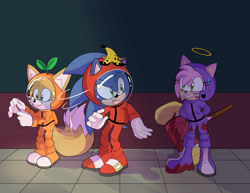 Size: 3300x2550 | Tagged: safe, artist:salsa_coyote, amy rose (sonic), crewmate (among us), impostor (among us), miles "tails" prower (sonic), sonic the hedgehog (sonic), canine, fox, hedgehog, mammal, red fox, anthro, plantigrade anthro, among us (game), sega, sonic the hedgehog (series), crossover, dipstick tail, female, fluff, group, high res, male, multiple tails, orange tail, quills, run for your life, tail, tail fluff, trio, two tails, white tail, yandere