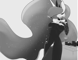 Size: 942x720 | Tagged: safe, artist:therealf1rebird, princess luna (mlp), alicorn, equine, fictional species, mammal, pony, anthro, friendship is magic, hasbro, my little pony, 2020, anthrofied, black and white, black dress, cigarette, cigarette holder, clothes, crown, ethereal mane, female, gif, grayscale, horn, jewelry, legwear, monochrome, noir, regalia, smirk, solo, solo female, stockings