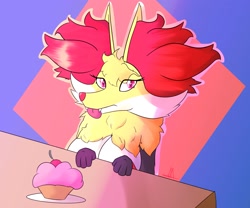 Size: 2132x1774 | Tagged: safe, alternate version, artist:almaustral, delphox, fictional species, mammal, anthro, nintendo, pokémon, :p, breasts, bust, colored, cupcake, female, food, signature, solo, solo female, starter pokémon, tongue, tongue out
