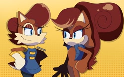 Size: 1280x800 | Tagged: safe, artist:kitarehamakura, princess sally acorn (sonic), chipmunk, mammal, rodent, squirrel, anthro, archie sonic the hedgehog, idw sonic the hedgehog, sega, sonic the hedgehog (series), 2020, clothes swap, duo, duo female, female, redesign, self paradox, tail