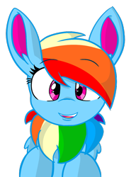 Size: 895x1163 | Tagged: safe, artist:rainbow eevee, rainbow dash (mlp), oc, oc:rainbow eevee, eevee, eeveelution, equine, fictional species, hybrid, mammal, pokémon pony, pony, feral, friendship is magic, hasbro, my little pony, nintendo, pokémon, alternate design, bust, ear fluff, female, fluff, looking at you, pokéfied, simple background, solo, solo female, species swap, style emulation, transparent background, wings