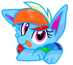 Size: 530x474 | Tagged: safe, artist:rainbow eevee, rainbow dash (mlp), oc, oc:rainbow eevee, eevee, eeveelution, equine, fictional species, hybrid, mammal, pokémon pony, pony, feral, friendship is magic, hasbro, my little pony, nintendo, pokémon, alternate design, cheek fluff, cute, female, fluff, looking at you, pokéfied, simple background, solo, solo female, species swap, tongue, tongue out, transparent background