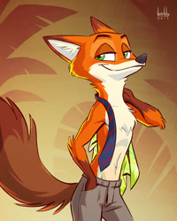 Size: 750x938 | Tagged: safe, artist:birchly, nick wilde (zootopia), canine, fox, mammal, red fox, anthro, disney, zootopia, bottomwear, chest fluff, clothes, fluff, green eyes, lidded eyes, looking at you, male, necktie, pants, partial nudity, smiling, solo, solo male, topless