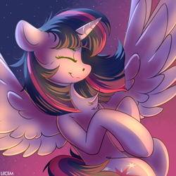Size: 3000x3000 | Tagged: safe, artist:lilclim, twilight sparkle (mlp), alicorn, equine, fictional species, mammal, pony, feral, friendship is magic, hasbro, my little pony, chest fluff, cute, eyes closed, female, fluff, flying, high res, mare, night, profile, side view, sky, smiling, solo, solo female, spread wings, stars, wings