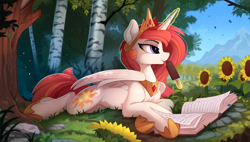 Size: 2310x1315 | Tagged: safe, artist:yakovlev-vad, princess celestia (mlp), alicorn, equine, fictional species, mammal, pony, feral, friendship is magic, hasbro, my little pony, alternate hair color, book, bookmark, cheek fluff, chest fluff, clothes, crown, cute, cutie mark, dessert, female, flower, fluff, food, forest, fudgesicle, grass, hoof shoes, ice cream, ice cream bar, jewelry, leg fluff, levitation, licking, lidded eyes, lying down, magic, mare, mlem, mountain, nature, necklace, outdoors, peytral, prone, regalia, scenery, shoes, shoulder fluff, sideways glance, silly, smiling, solo, solo female, spread wings, summer, sunflower, telekinesis, tiara, tongue, tongue out, tree, wing fluff, wings
