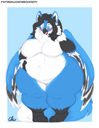 Size: 892x1155 | Tagged: suggestive, artist:nekocrispy, oc, oc only, bird, canine, dove, fox, hybrid, mammal, anthro, digitigrade anthro, 2020, beak, big belly, black body, black fur, black hair, blue body, blue fur, blushing, breasts, commission, digital art, eye through hair, fat, fat fetish, featureless breasts, fur, hair, huge breasts, multicolored fur, obese, open mouth, paws, white body, white fur, wide hips, wings