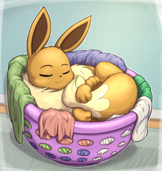 Size: 1474x1552 | Tagged: safe, artist:otakuap, eevee, eeveelution, fictional species, mammal, feral, nintendo, pokémon, 2d, ambiguous gender, basket, cute, fluff, sleeping, solo, solo ambiguous, tail, tail fluff