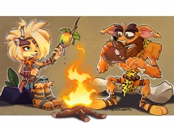Size: 2048x1505 | Tagged: safe, artist:nitroneato, coco bandicoot (crash bandicoot), crash bandicoot (crash bandicoot), bandicoot, mammal, marsupial, anthro, crash bandicoot (series), apple, brother, brother and sister, caveboy, cavegirl, duo, female, fire, fruit, male, meat, omnivore, prehistoric, prehistoric coco bandicoot, prehistoric crash bandicoot, siblings, sister, wumpa fruit