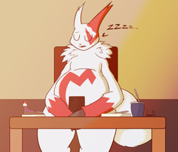 Size: 1975x1686 | Tagged: safe, alternate version, artist:almaustral, fictional species, mammal, zangoose, semi-anthro, nintendo, pokémon, claws, colored, cup, eyes closed, male, signature, sleeping, slightly chubby, solo, solo male, tail, zzz