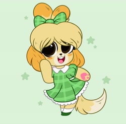 Size: 4096x4034 | Tagged: safe, artist:itskittyrosie, isabelle (animal crossing), canine, dog, mammal, shih tzu, anthro, animal crossing, nintendo, 2020, 2d, absurd resolution, blonde hair, blushing, bow, brown eyes, clothes, cute, digital art, dress, female, fur, green background, hair, open mouth, paw pads, paws, puffy sleeves, simple background, smiling, solo, solo female, stars, tail, tan body, tan fur
