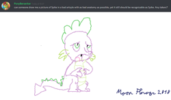 Size: 1024x600 | Tagged: safe, artist:moon flower, artist:pony-berserker, spike (mlp), oc, oc:berzie, arthropod, changedling, changeling, dragon, equine, fictional species, western dragon, semi-anthro, friendship is magic, hasbro, my little pony, 2018, bust, claws, clothes, digital art, duo, english, english text, fangs, green eyes, green skin, hat, helmet, horn, lidded eyes, line art, male, male focus, ms paint, open mouth, pointy tail, portrait, profile picture, purple skin, request art, sharp teeth, shitpost, signature, simple background, skin, solo focus, spikes, standing, tail, teeth, text, three-quarter view, tongue, tongue out, white background