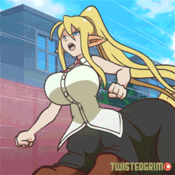 Size: 1080x1080 | Tagged: safe, artist:twistedgrimtv, centorea shianus (monster musume), animal humanoid, centaur, equine, fictional species, mammal, humanoid, taur, cc by-nc-nd, creative commons, monster musume, 2d, 2d animation, animated, blonde hair, blue eyes, blushing, bouncing breasts, breasts, female, frame by frame, gif, hair, huge breasts, open mouth, outdoors, running, solo, solo female