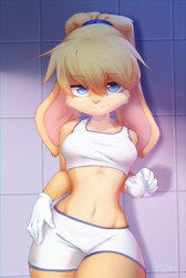 Size: 1200x1784 | Tagged: safe, artist:vallshad, lola bunny (looney tunes), lagomorph, leporid, mammal, rabbit, anthro, looney tunes, space jam, warner brothers, belly button, blonde hair, blue eyes, bottomwear, breasts, cheek tuft, clothes, crop top, facial tuft, female, fluff, fur, gloves, hair, looking at you, midriff, multicolored fur, shirt, shorts, solo, solo female, topwear, two toned body, two toned fur, yellow body, yellow fur